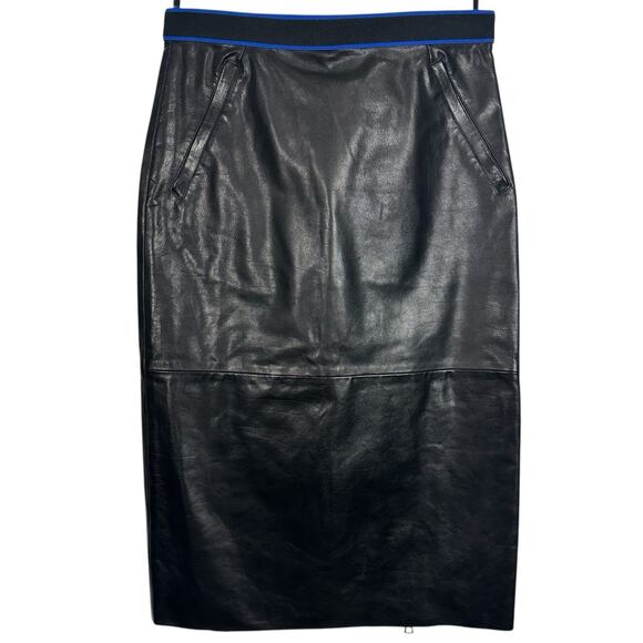 Miu Miu Black Leather Pencil Skirt 38 Blue Trim Italy Genuine Designer Midi Y2K - Picture 1 of 14